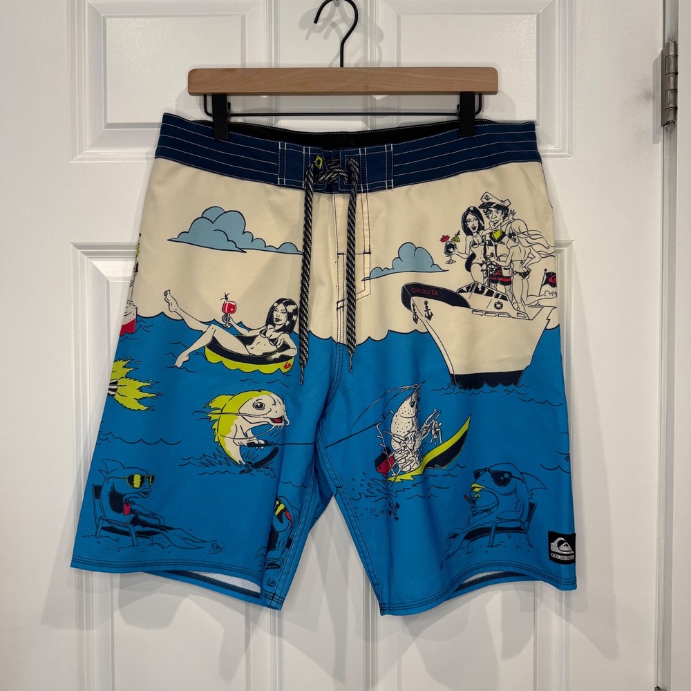 Quiksilver Mens Cartoon Graphic Board Shorts Blue Cream Swim Trunks Size 34